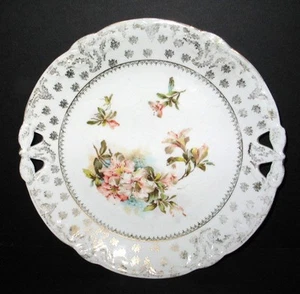 ANTIQUE LILY FLOWERS GOLD RETICULATED 10” PORCELAIN CAKE PLATE PRETTY! - Picture 1 of 6