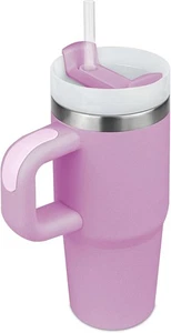 Taza térmica de acero inoxidable 14 oz con mango y pajita púrpura aislada al vacío para Kin - Imagen 1 de 6