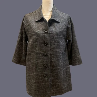 Ambition L Negro jaspeado tweed retro oscuro academia 6 botones cuello alto swing abrigo Foto 1 de 4