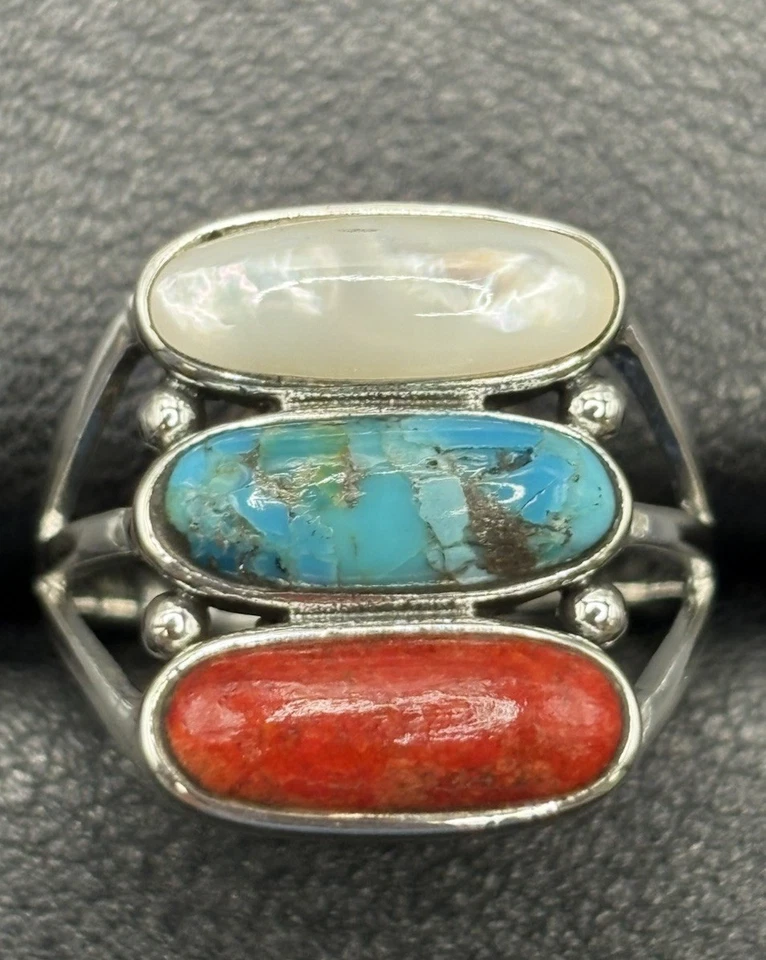 Anillo Coral Turquesa Perla Madre Plata Esterlina Nuevo Estado Talla 7 Foto 1 de 4