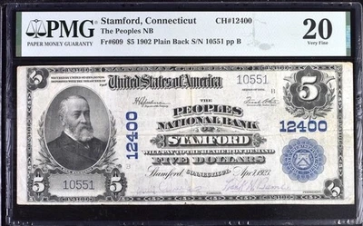 1902 $5 Stamford, Connecticut  Peoples National Bank Charter 12400 PMG 20 - Image 1 of 2