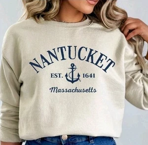 NANTUCKET Mass Crewneck Sweatshirt Beige Oatmeal Sz L Nautical Coastal NWT - Picture 1 of 12