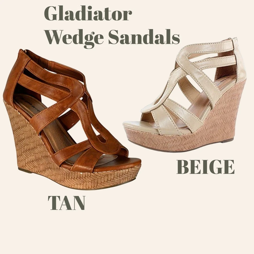 Top Moda Gladiator Platform Wedge Sandals Beige & Tan Cutout Strappy Open Toe - Image 1 of 4
