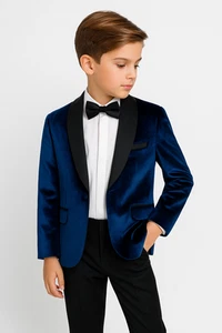 Boys Navy Blue Kingsman Harry Hart Tuxedo Velvet Kids Vintage Smoking Jacket - Picture 1 of 19