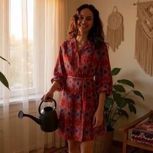 Anthropologie Tiny Red Rosemary Tunic Dress Small Belted Long Sleeves Boho - Picture 1 of 8