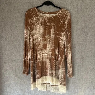 Top túnica marrón para mujer LOGO Lori Goldstein talla M dobladillo de encaje Boho Lagenlook Foto 1 de 4