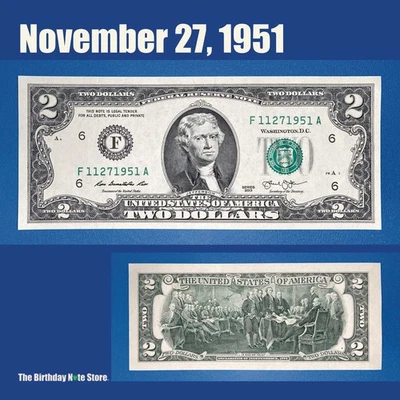 November 27, 1951 Birthday Anniversary $2 Two Dollar Bill Serial Number 11271951 - Image 1 of 2