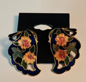 Pendientes de Clip de Medio Aro Cloisonne Genuinos Tono Dorado Azul Rosa Floral 1.5" - Imagen 1 de 5