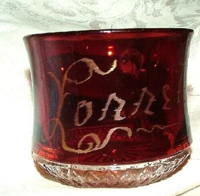 ANTIQUE 1907 Ruby Stain Flashed Diamond Point Souvenir Mug Cup Engraved Lorretta - Image 1 of 4