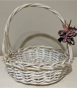Distressed 34cm White Willow Cane Basket Flower Girl Country Floral Trim AE332