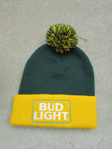 Bud Light Beer Dark Green Yellow Pom Pom Beanie Hat 100% Acrylic One Size NEW