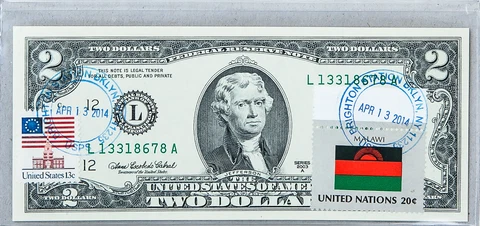 US Currency Note Uncirculated Money Federal Reserve Two Dollar Stamp Flag Malawi Cover