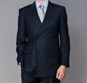 Blau gestreifte Herrenanzüge Designer Elegant Hochzeit Abendessen Anzüge (Mantel + Hose) - Bild 1 von 3