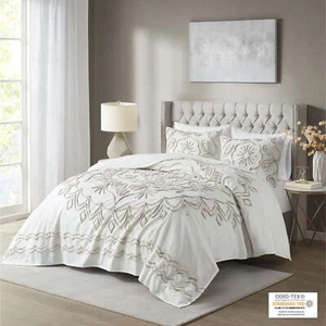 Home Essence Valeria Tufted Cotton Chenille Coverlet Set Full/Queen Ivory/Taupe - Picture 1 of 8