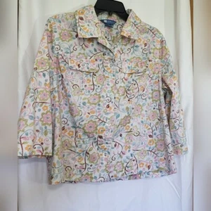 Koret Womens White Floral 3/4 Sleeve Front Pockets Collared Light Boho Jacket L - Picture 1 of 8