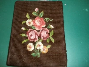 Finished Vintage Needlepoint Picture Brown Floral 8"x6" - Picture 1 of 2