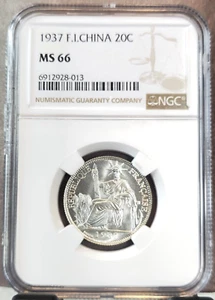 1937 FRENCH INDO CHINA SILVER 20 CENTIMES NGC MS 66 RARE GEM BU BEAUTY - Picture 1 of 3