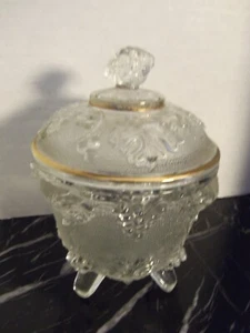 Vintage Jeanette Glass Clear Footed Candy Dish w/ Gold Trim Lid Harvest Grape - Picture 1 of 9