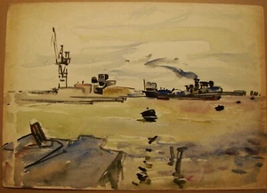 Ukrainian Soviet watercolor industrial Painting realism seascape ship harbor - Picture 1 of 3