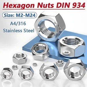 M2/M2.5/M3-M24 Hex Nuts A4/316 Stainless Steel Full Thread DIN 934 Hexagon Nuts - Picture 1 of 23