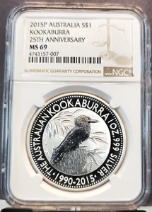 2015 AUSTRALIA SILVER 1 DOLLAR KOOKABURRA 25TH ANNIVERSARY NGC MS 69 - Picture 1 of 3