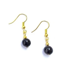 8mm black agate bead gold plated dangle earrings  - Picture 1 of 1