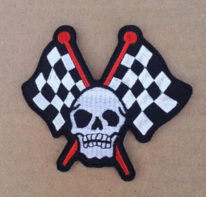 CHECKERED FLAGS SKULL EMROIDERED 3 INCH MC BIKER PATCH - Picture 1 of 1