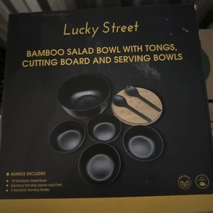 Nuevo Ensaladera de bambú, pinzas, tabla de cortar y 4 tazones para servir negro  - Imagen 1 de 8