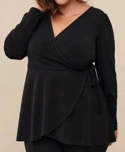 Torrid Womens 2 Black Studio Knit Surplice Wrap Top Long Sleeve 2X Stretch Tie - Picture 1 of 11