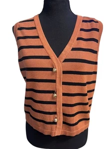 Striped V-Neck Cardigan Vest Women Medium Gold Buttons In Rust & Black FISHERMAN - Picture 1 of 7