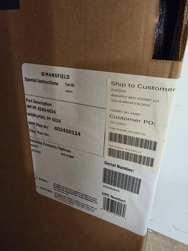 Mansfield 6024 Whirlpool Bathtub 60"x42"x20" 55 Gal - Image 1 of 1