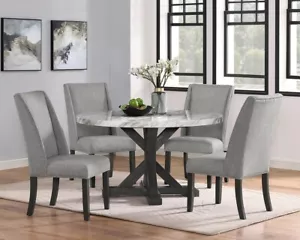 5pc Contemporary Dining Set Round Table and 4x Side Chairs Gray, Faux Marble - Picture 1 of 5