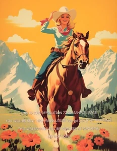 Cowgirl Riding Horse 1960's Poster Grand Tetons Wyoming Giclée Art Print 8.5x11 - Picture 1 of 2