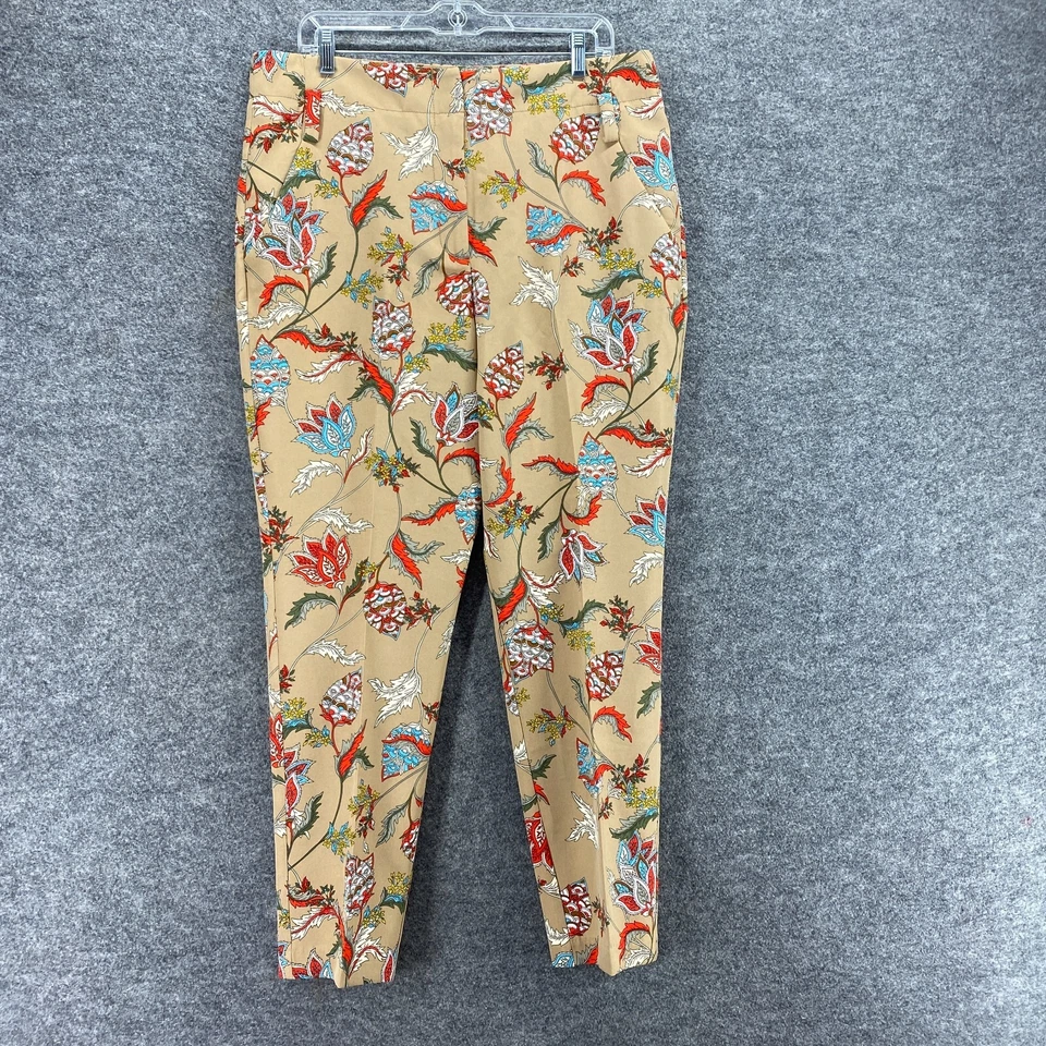 Pantalones para mujer 7th Avenue 14 marrones florales tiro alto plisados ajustados bolsillos chinos Foto 1 de 4
