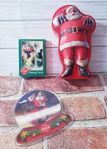 Coca Cola Santa 3 Pc Lot Playing Cards Santa Tin Lenticular Ornament - Picture 1 of 14