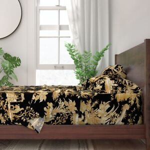 Chinoiserie Toile Black Asian Gold 100% Cotton Sateen Sheet Set by Spoonflower