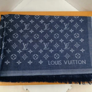 LOUIS VUITTON Scarf Shawl Denim Blue M71376 Monogram LV Logo Large Size 70x200cm - Picture 1 of 6