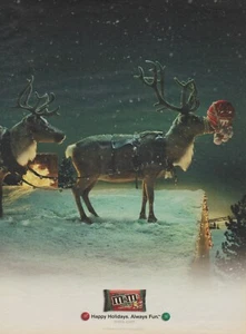 2007 Mars M&M's Chocolate Candy - Red Tied On Reindeer's Nose - Print Ad Photo - Picture 1 of 1