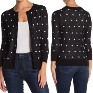 NWT Halogen Women's Black/Ivory Polka Dot Print Crew Neck Cardigan size MP - Picture 1 of 11