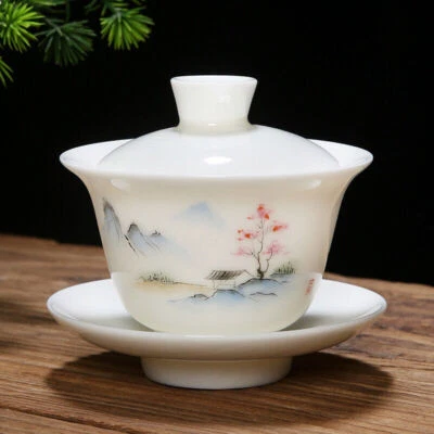 porcelana gaiwan grasa cordero jade porcelana taza cuenco bajo esmalte cerámica tapa de puré Foto 1 de 4