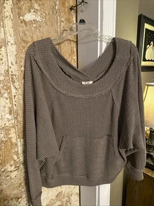 La Miel Women’s Small Brown Waffle Scoop Neck Cropped Sweatshirt  - Picture 1 of 3