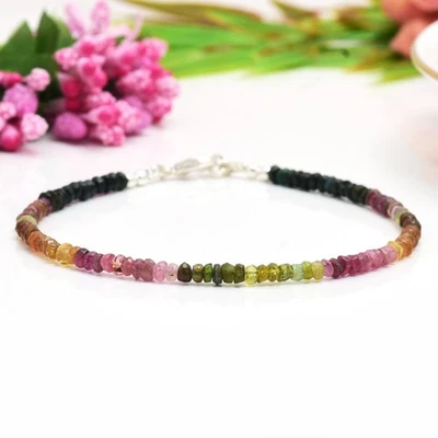 Watermelon Tourmaline bracelet - bracelet femme, multicolor gemstone bracelet, - Image 1 of 4