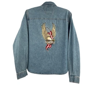 Camicia giacca jeans denim Harley Davidson taglia L vintage aquila bandiera USAF ricamata - Foto 1 di 10