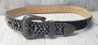 Guess Mujer Western Estrás Tachonado Cinturón Plateado Hebilla Grabada Negro M Foto 1 de 4