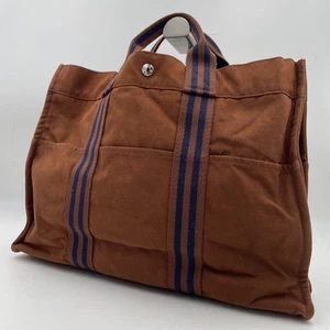 Hermes Furtu Tote Bag Silver Button Canvas Brown A4 Size Stylish Design - Picture 1 of 10