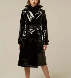 Women's New Black PVC Leather Trench Vinyl Shinny Coat - Picture 1 of 3