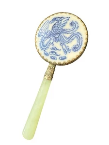 Vintage Chinese Hand Mirror Porcelain Blue and White Phoenix Jade Handle Vanity - Picture 1 of 7