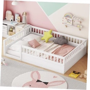 Size Montessori Floor Bed with Fence and Open Door,Platform Bed Full White - Picture 1 of 7