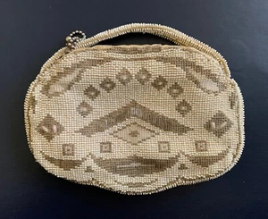 Vintage Perlen Handtasche Clutch Tasche mit Reißverschluss & Henkel Tschechoslowakei Elfenbein Art Deco - Bild 1 von 4