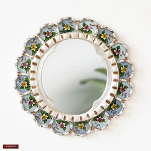 Decorative Wall Mirror Round Blue Floral Hand Painted Peruvian Art Home Decor - Picture 1 of 7